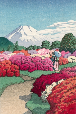 川瀬巴水 版画<br>「元箱根見南山荘風景」<br>つつじ庭に遊ぶ二美人